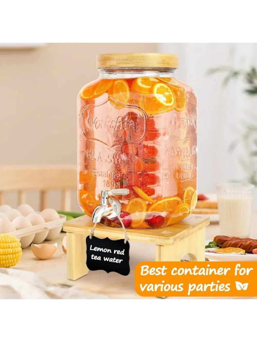 2 Gallon Glass Beverage Dispenser with Wood Stand & Stainless Steel Spigot
